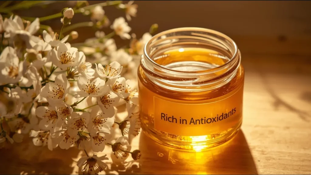Pure Kashmiri honey in glass jar on rustic table